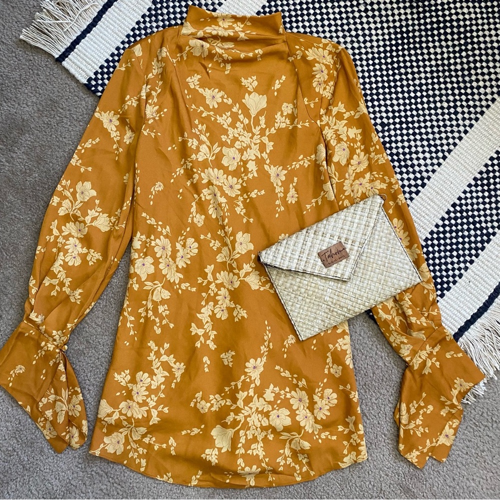 Free People Aries Long Sleeve Floral Printed Mini Dress Golden Combo Small NWT